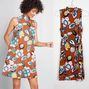 ModCloth In with Excitement Retro Floral Mock Neck Sleeveless Dress Medium